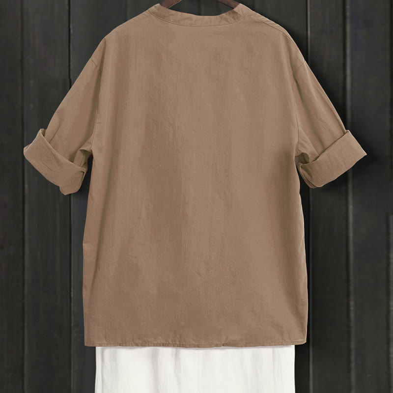 Buddha Stones Sommer Casual Plain Breasted Reversed Collar Kurzarm Damen Baumwolle Leinen Hemd - image 55