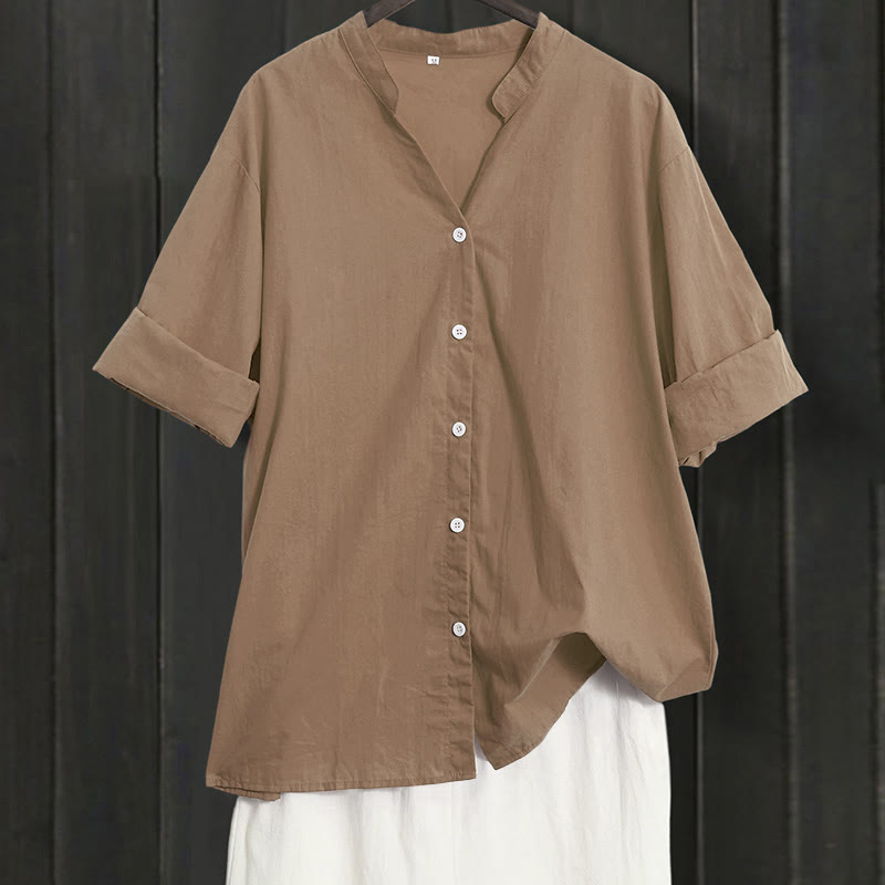 Buddha Stones Sommer Casual Plain Breasted Reversed Collar Kurzarm Damen Baumwolle Leinen Hemd - Dunkle Goldrute - US20， UK/AU24，EU52 (5XL) - image 54