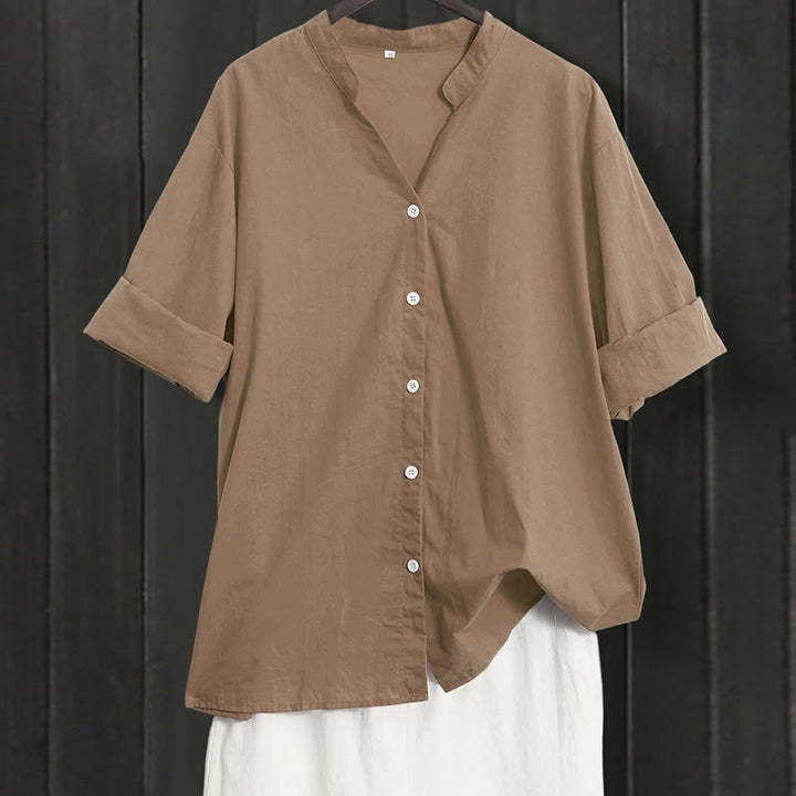 Buddha Stones Sommer Casual Plain Breasted Reversed Collar Kurzarm Damen Baumwolle Leinen Hemd - Dunkle Goldrute - US20， UK/AU24，EU52 (5XL) - image 54