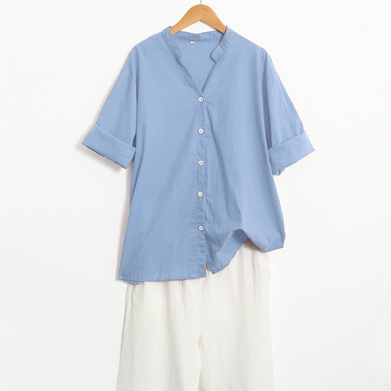 Buddha Stones Sommer Casual Plain Breasted Reversed Collar Kurzarm Damen Baumwolle Leinen Hemd - image 65