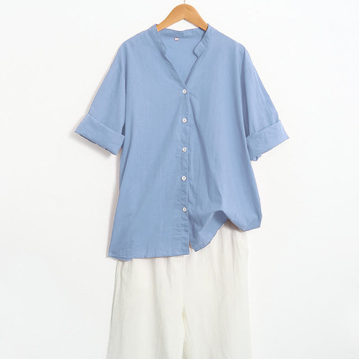 Buddha Stones Sommer Casual Plain Breasted Reversed Collar Kurzarm Damen Baumwolle Leinen Hemd - image 65