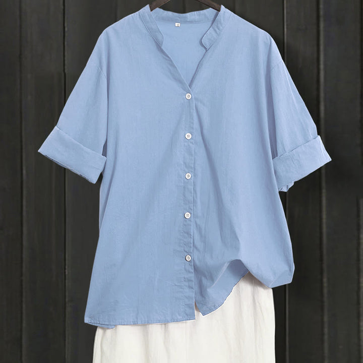 Buddha Stones Sommer Casual Plain Breasted Reversed Collar Kurzarm Damen Baumwolle Leinen Hemd - Hellstahlblau - US20, UK/AU24, EU52 (5XL) - image 60