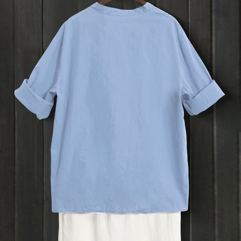 Buddha Stones Sommer Casual Plain Breasted Reversed Collar Kurzarm Damen Baumwolle Leinen Hemd - image 61