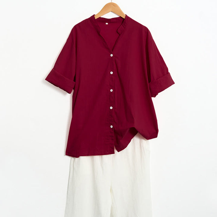 Buddha Stones Sommer Casual Plain Breasted Reversed Collar Kurzarm Damen Baumwolle Leinen Hemd - image 71