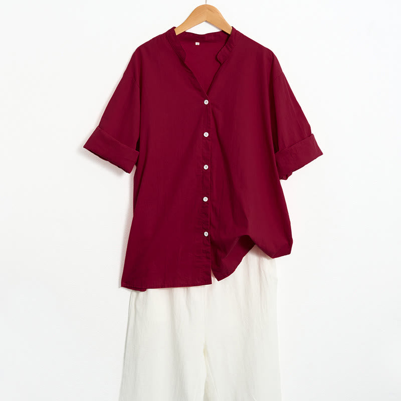 Buddha Stones Sommer Casual Plain Breasted Reversed Collar Kurzarm Damen Baumwolle Leinen Hemd - image 71