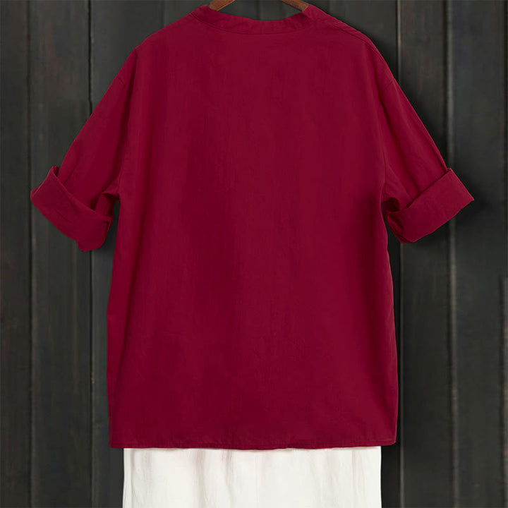 Buddha Stones Sommer Casual Plain Breasted Reversed Collar Kurzarm Damen Baumwolle Leinen Hemd - image 67
