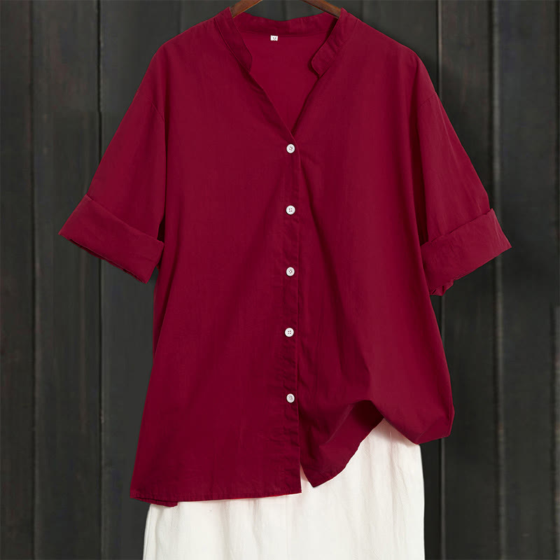 Buddha Stones Sommer Casual Plain Breasted Reversed Collar Kurzarm Damen Baumwolle Leinen Hemd - IndianRed - US20， UK/AU24，EU52 (5XL) - image 66