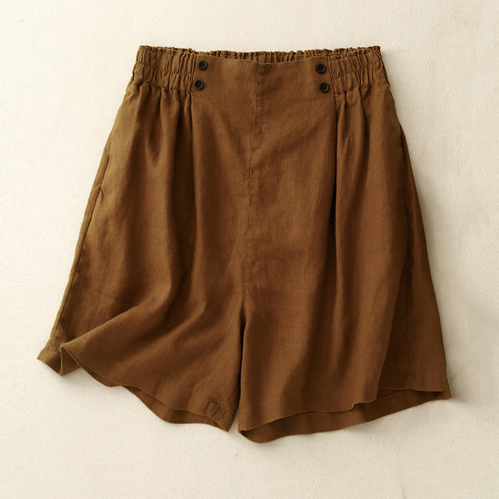 Buddha Stones Sommer Casual Pleat Plain Baumwolle Leinen Damen Shorts mit Taschen