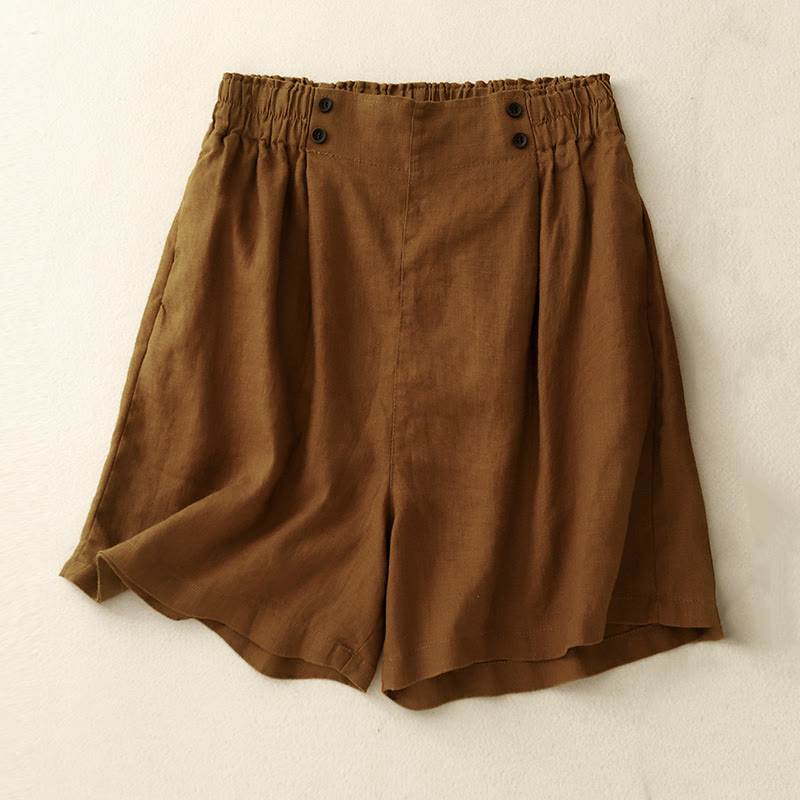 Buddha Stones Sommer Casual Pleat Plain Baumwolle Leinen Damen Shorts mit Taschen - Schokolade - US12， UK/AU16，EU44 (2XL) - image 0