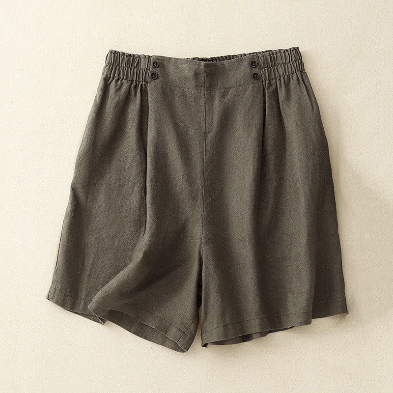 Buddha Stones Sommer Casual Pleat Plain Baumwolle Leinen Damen Shorts mit Taschen