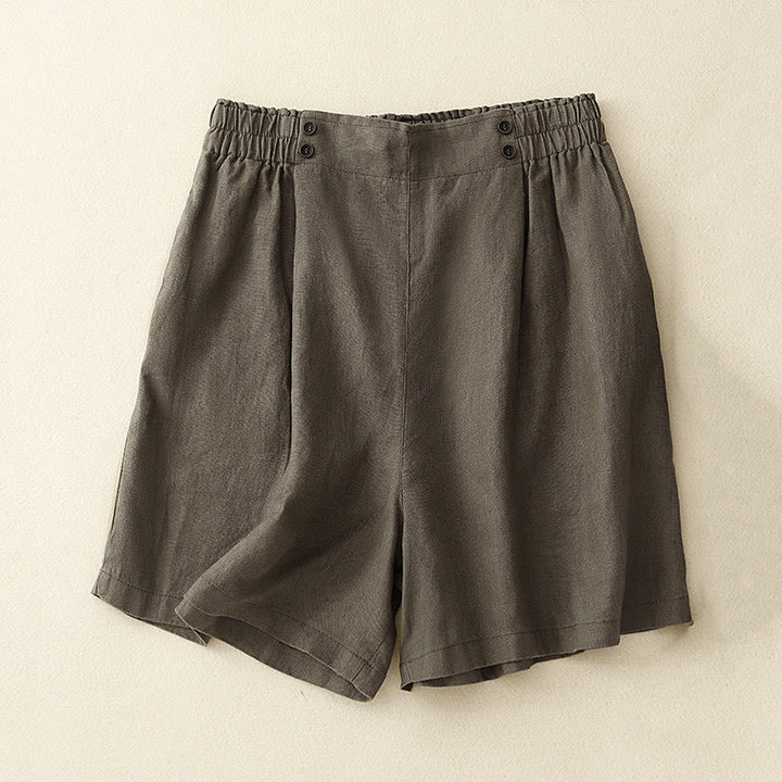 Buddha Stones Sommer Casual Pleat Plain Baumwolle Leinen Damen Shorts mit Taschen