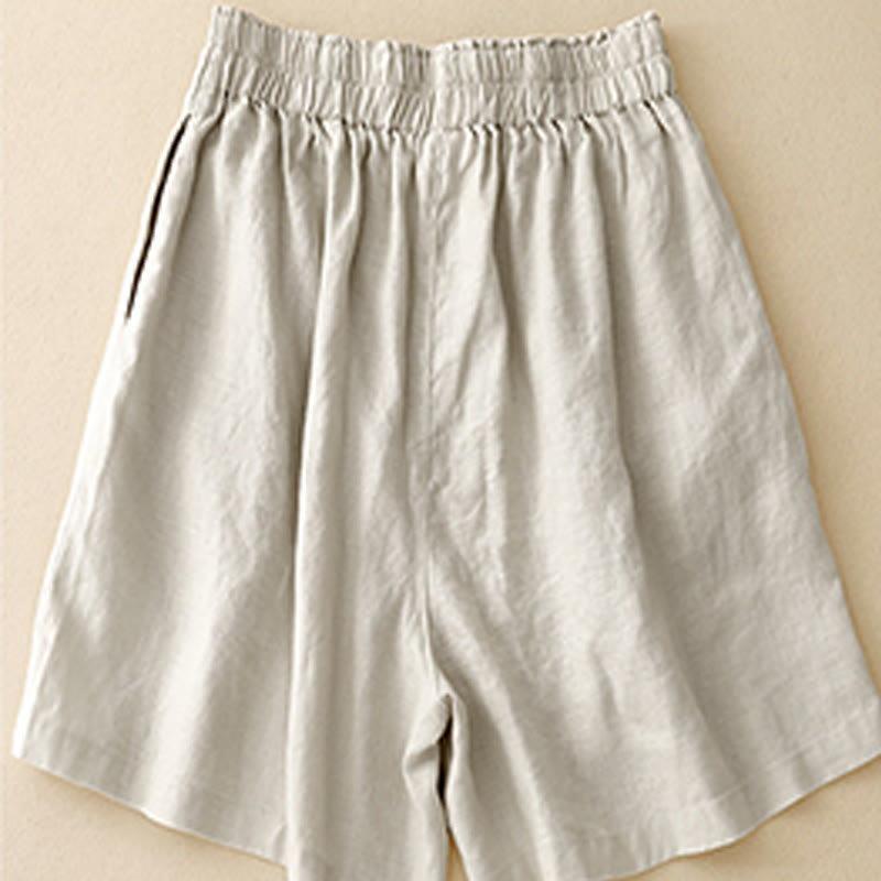 Buddha Stones Sommer Casual Pleat Plain Baumwolle Leinen Damen Shorts mit Taschen