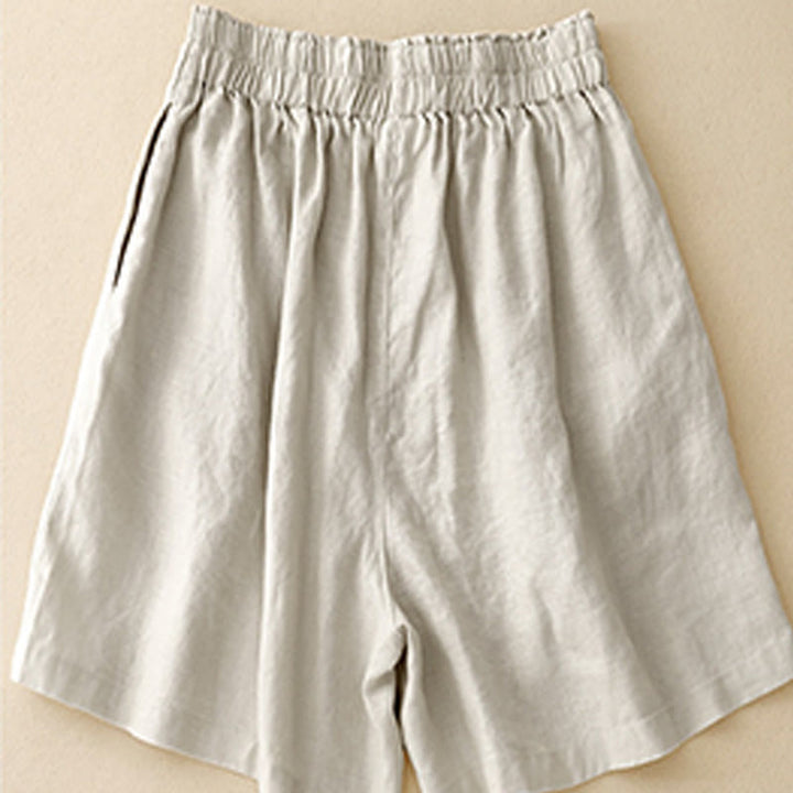 Buddha Stones Sommer Casual Pleat Plain Baumwolle Leinen Damen Shorts mit Taschen