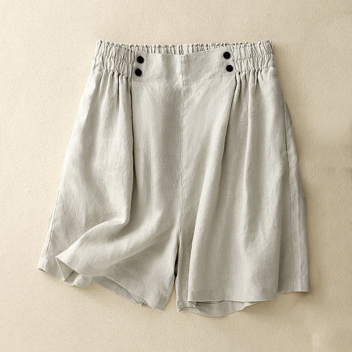 Buddha Stones Sommer Casual Pleat Plain Baumwolle Leinen Damen Shorts mit Taschen