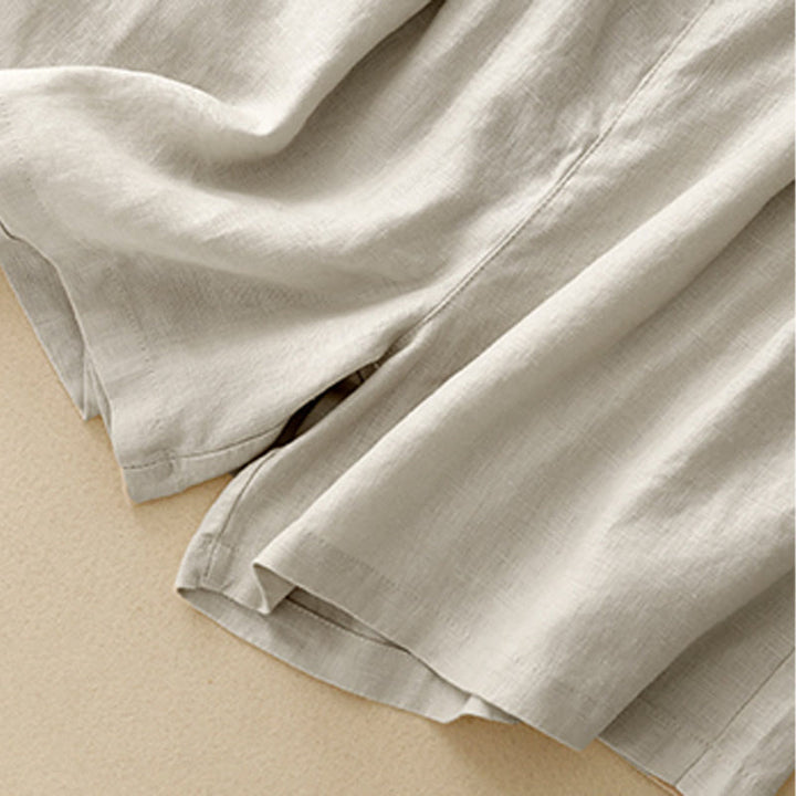 Buddha Stones Sommer Casual Pleat Plain Baumwolle Leinen Damen Shorts mit Taschen