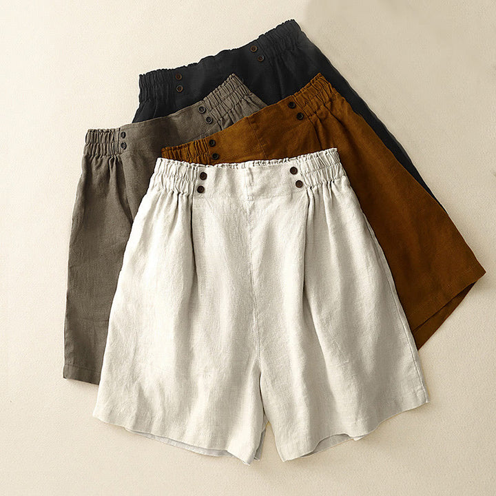 Buddha Stones Sommer Casual Pleat Plain Baumwolle Leinen Damen Shorts mit Taschen