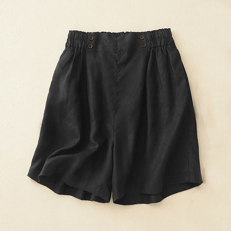 Buddha Stones Sommer Casual Pleat Plain Baumwolle Leinen Damen Shorts mit Taschen