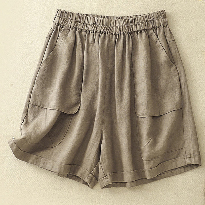 Buddha Stones Sommer Casual Plain Baumwolle Leinen Damen Elasti Gerade Shorts mit Taschen