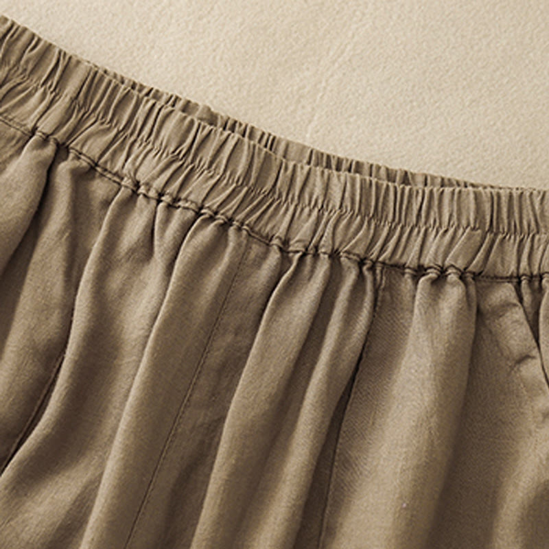 Buddha Stones Sommer Casual Plain Baumwolle Leinen Damen Elasti Gerade Shorts mit Taschen