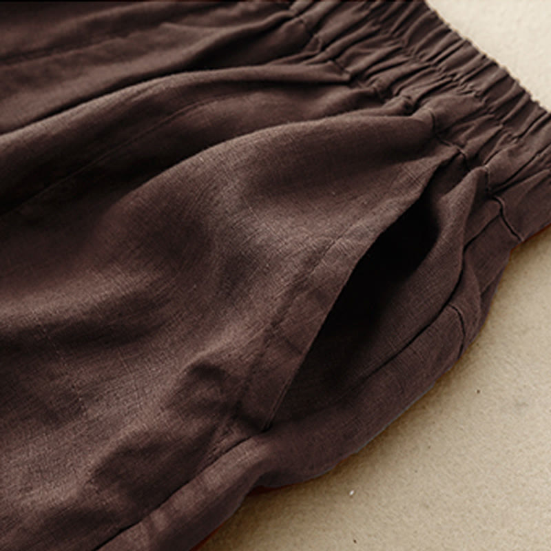 Buddha Stones Sommer Casual Plain Baumwolle Leinen Damen Elasti Gerade Shorts mit Taschen