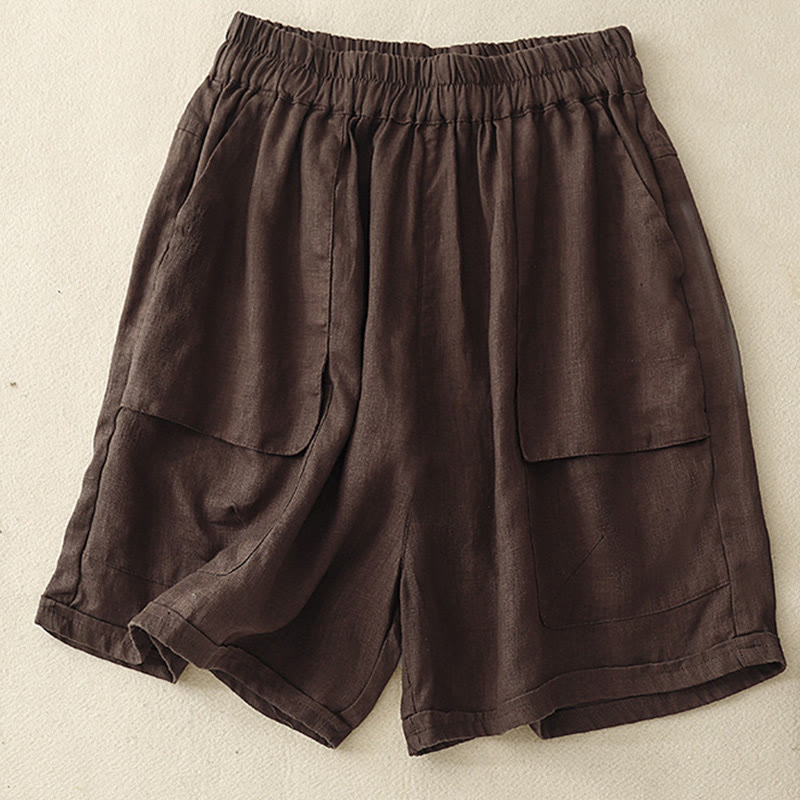 Buddha Stones Sommer Casual Plain Baumwolle Leinen Damen Elasti Gerade Shorts mit Taschen