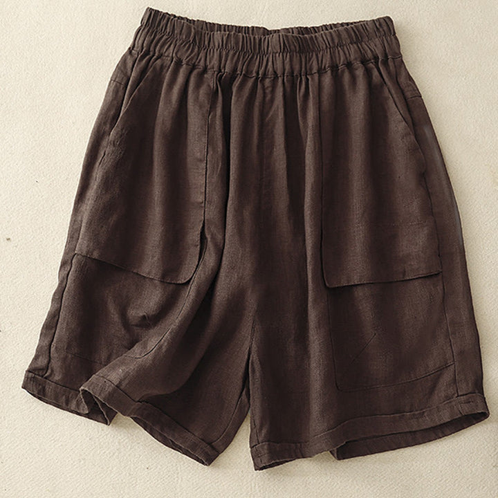 Buddha Stones Sommer Casual Plain Baumwolle Leinen Damen Elasti Gerade Shorts mit Taschen