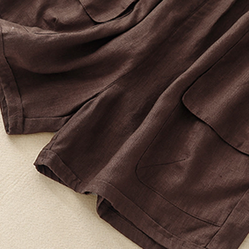 Buddha Stones Sommer Casual Plain Baumwolle Leinen Damen Elasti Gerade Shorts mit Taschen - image 10