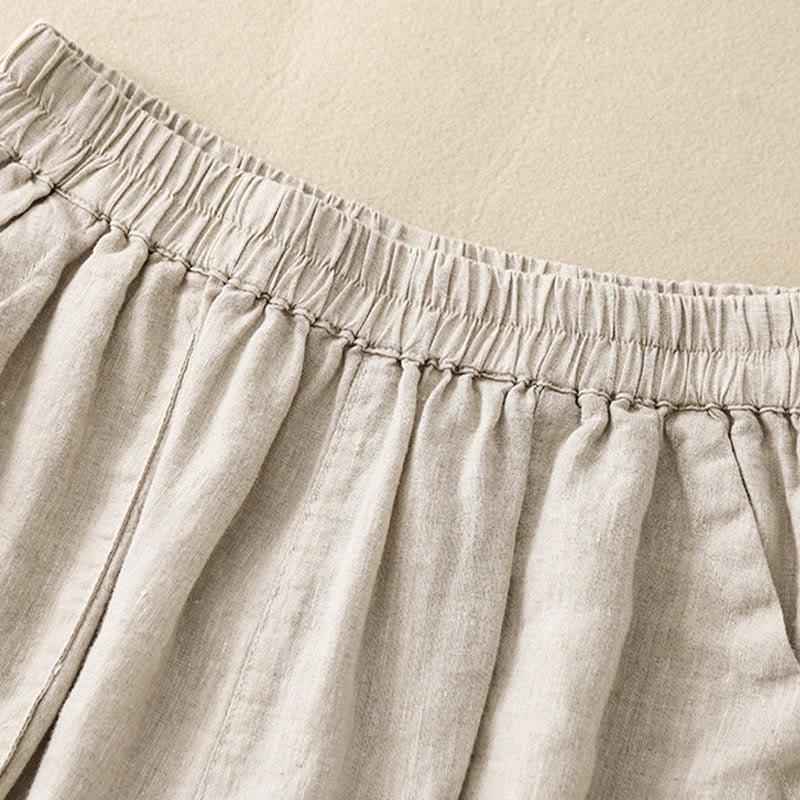 Buddha Stones Sommer Casual Plain Baumwolle Leinen Damen Elasti Gerade Shorts mit Taschen