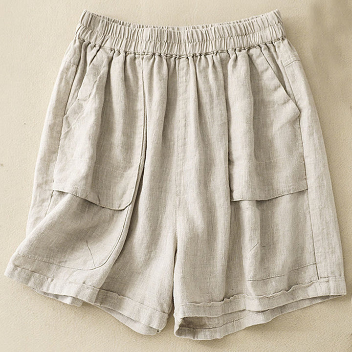 Buddha Stones Sommer Casual Plain Baumwolle Leinen Damen Elasti Gerade Shorts mit Taschen