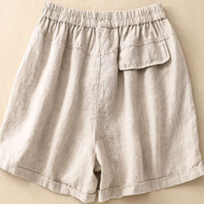 Buddha Stones Sommer Casual Plain Baumwolle Leinen Damen Elasti Gerade Shorts mit Taschen