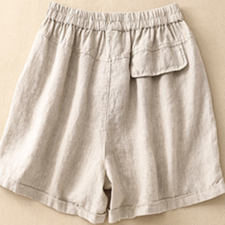 Buddha Stones Sommer Casual Plain Baumwolle Leinen Damen Elasti Gerade Shorts mit Taschen