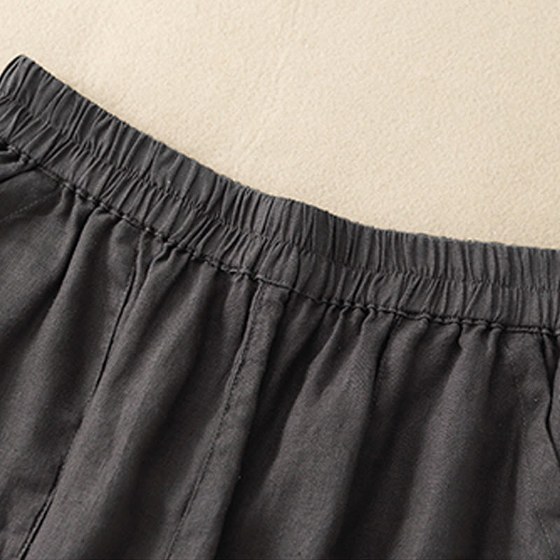 Buddha Stones Sommer Casual Plain Baumwolle Leinen Damen Elasti Gerade Shorts mit Taschen