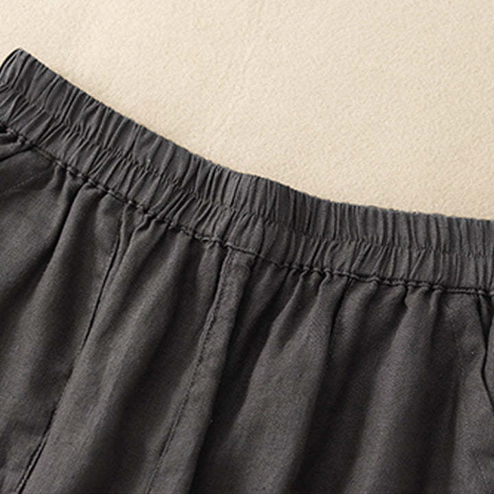 Buddha Stones Sommer Casual Plain Baumwolle Leinen Damen Elasti Gerade Shorts mit Taschen