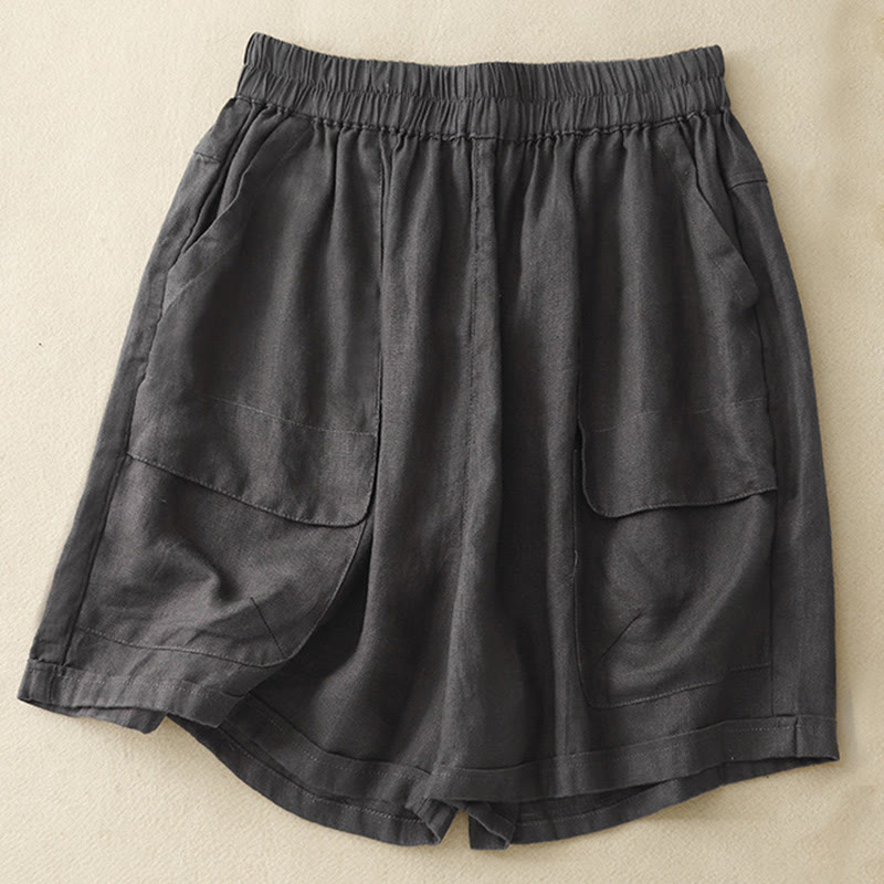 Buddha Stones Sommer Casual Plain Baumwolle Leinen Damen Elasti Gerade Shorts mit Taschen