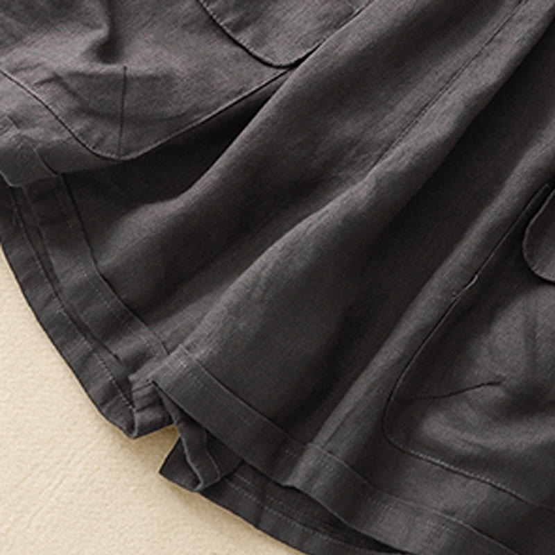 Buddha Stones Sommer Casual Plain Baumwolle Leinen Damen Elasti Gerade Shorts mit Taschen