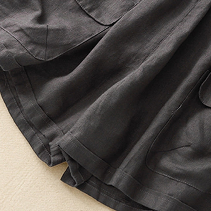 Buddha Stones Sommer Casual Plain Baumwolle Leinen Damen Elasti Gerade Shorts mit Taschen