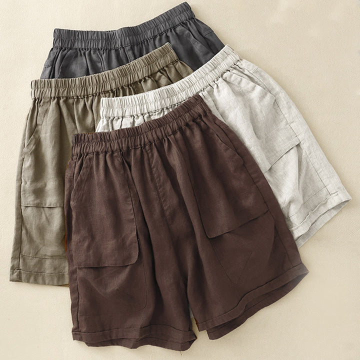 Buddha Stones Sommer Casual Plain Baumwolle Leinen Damen Elasti Gerade Shorts mit Taschen