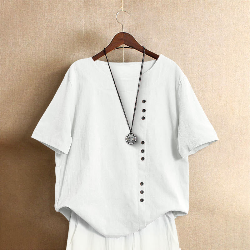 Buddha Stones Lässiges Sommer-T-Shirt aus reiner Farbe mit Jacquard-Knopf und Rundhalsausschnitt aus Baumwolle für Damen, kurzärmelig - Weiß - US18, UK/AU22, EU50 (5XL) - image 0