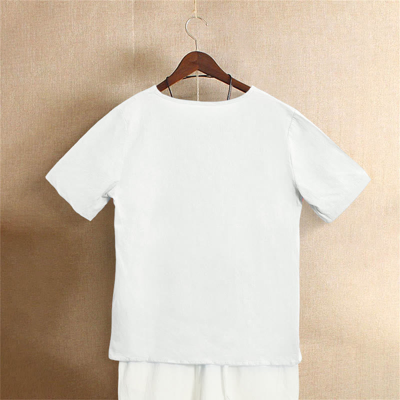 Buddha Stones Lässiges Sommer-T-Shirt aus reiner Farbe mit Jacquard-Knopf und Rundhalsausschnitt aus Baumwolle für Damen, kurzärmelig - image 1