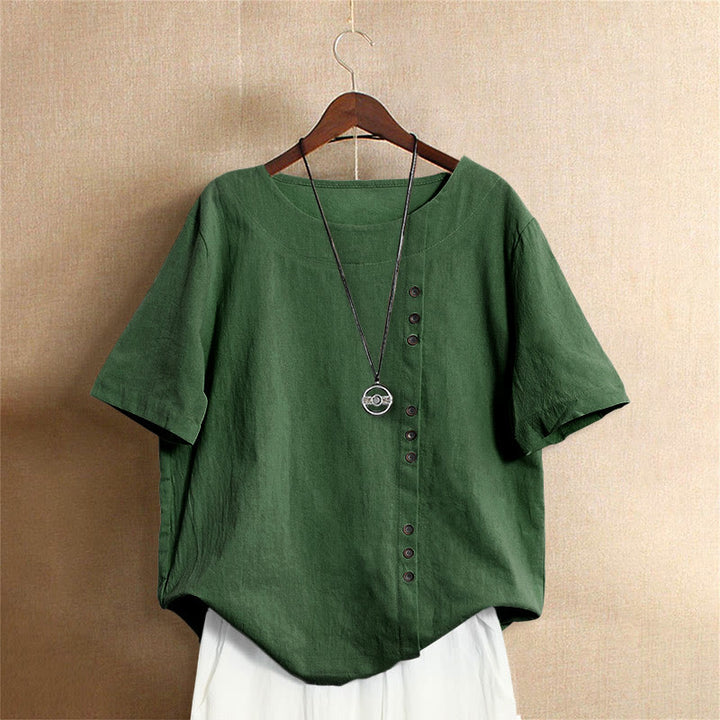 Buddha Stones Lässiges Sommer-T-Shirt aus reiner Farbe mit Jacquard-Knopf und Rundhalsausschnitt aus Baumwolle für Damen, kurzärmelig - Grün - US20， UK/AU24，EU52 (5XL) - image 5