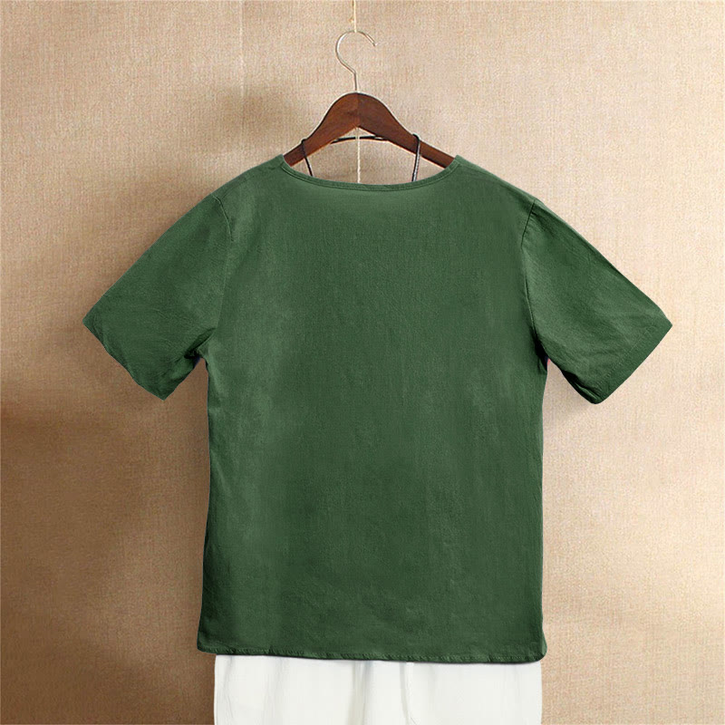 Buddha Stones Lässiges Sommer-T-Shirt für Damen, einfarbig, Jacquard-Muster, Rundhalsausschnitt, Kurzarm, mit Knopfleiste - image 6