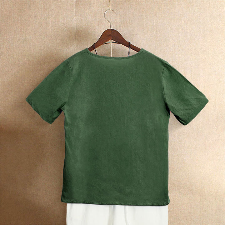 Buddha Stones Lässiges Sommer-T-Shirt für Damen, einfarbig, Jacquard-Muster, Rundhalsausschnitt, Kurzarm, mit Knopfleiste - image 6