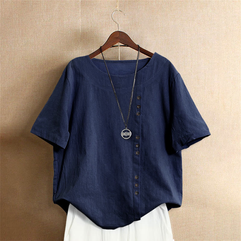 Buddha Stones Lässiges Sommer-T-Shirt aus reiner Farbe mit Jacquard-Knopf und Rundhalsausschnitt aus Baumwolle für Damen, kurzärmelig - Marine - US20， UK/AU24，EU52 (5XL) - image 10