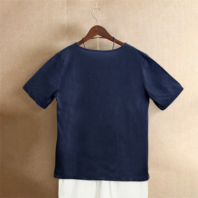 Buddha Stones Lässiges Sommer-T-Shirt aus reiner Farbe mit Jacquard-Knopf und Rundhalsausschnitt aus Baumwolle für Damen, kurzärmelig - image 11