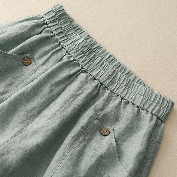 Buddha Stones Sommer Casual Buttons Plain Cotton Damen Shorts mit Taschen