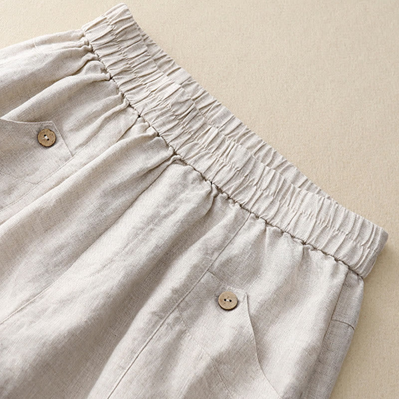Buddha Stones Sommer Casual Buttons Plain Cotton Damen Shorts mit Taschen