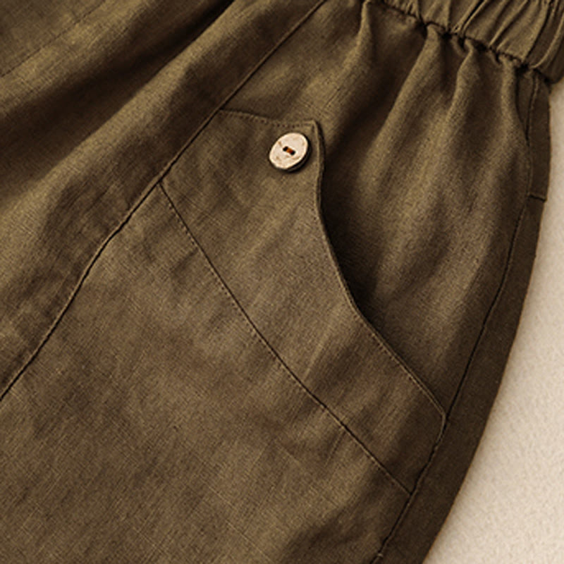Buddha Stones Sommer Casual Buttons Plain Cotton Damen Shorts mit Taschen