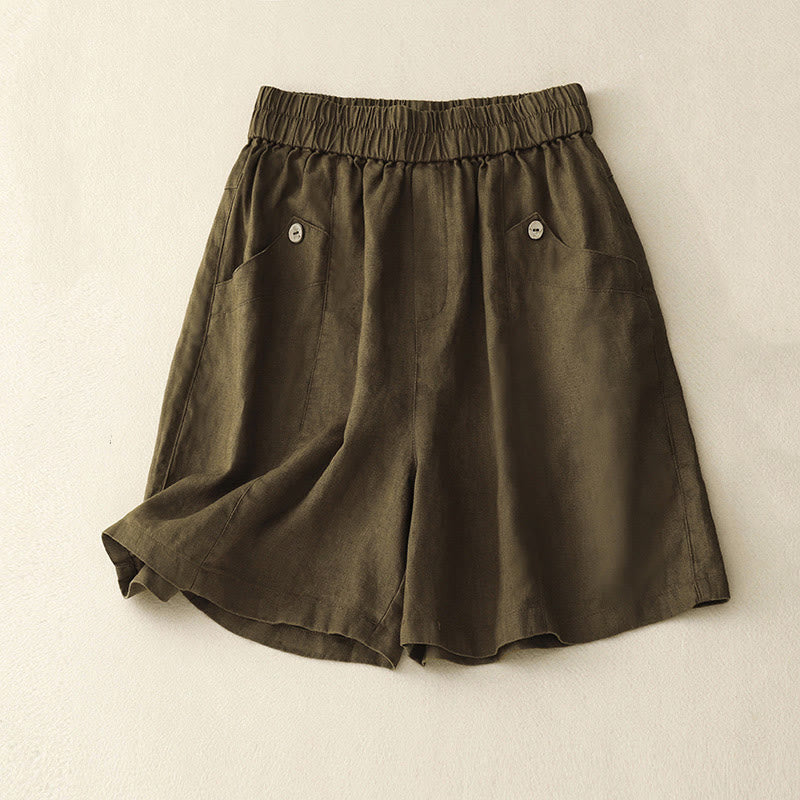 Buddha Stones Sommer Casual Buttons Plain Cotton Damen Shorts mit Taschen