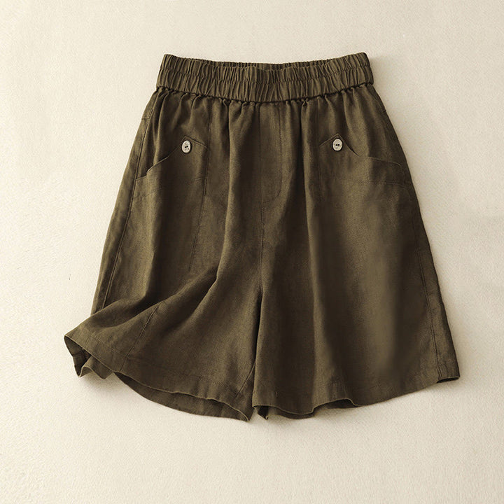 Buddha Stones Sommer Casual Buttons Plain Cotton Damen Shorts mit Taschen