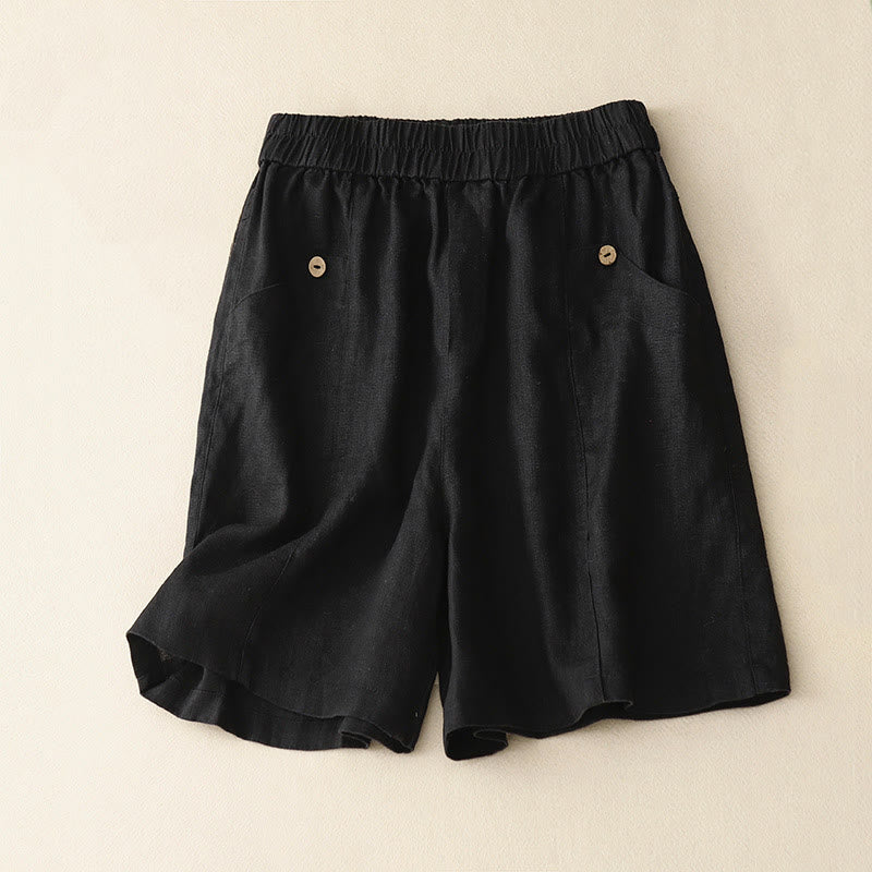 Buddha Stones Sommer Casual Buttons Plain Cotton Damen Shorts mit Taschen